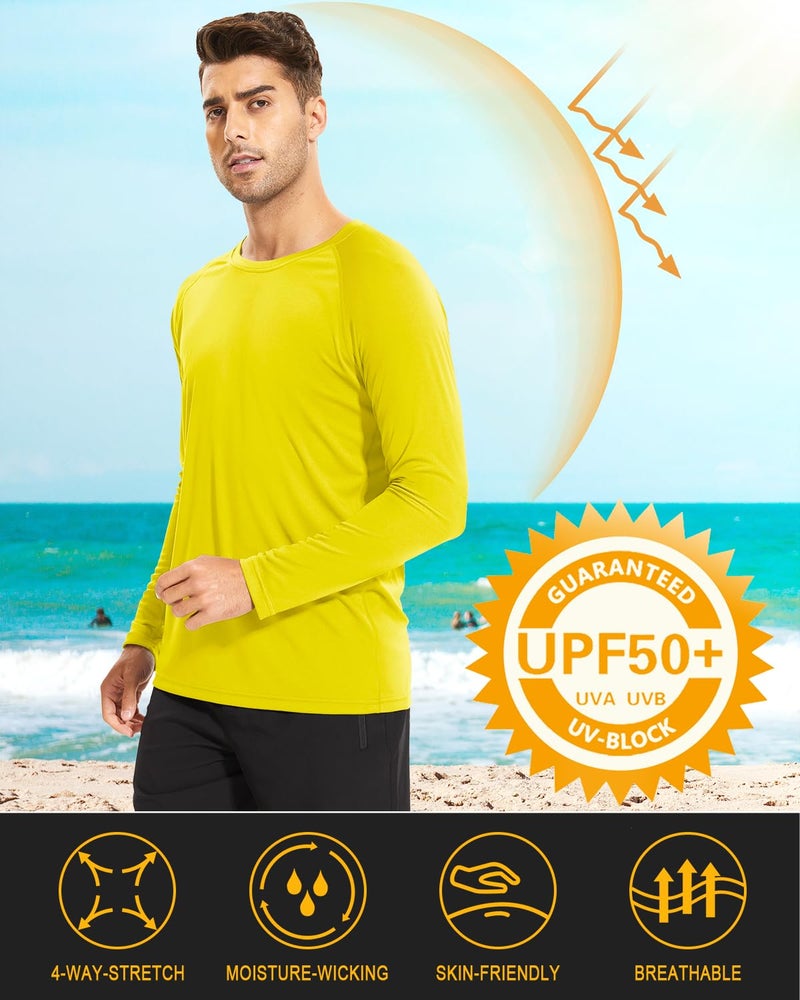 MAGCOMSEN Rash Guard Men Long Sleeve Sun Protection Shirt Men Athletic T-Shirt Running Shirts UV Shirts for Men Sun T-Shirt Yellow - Image 2